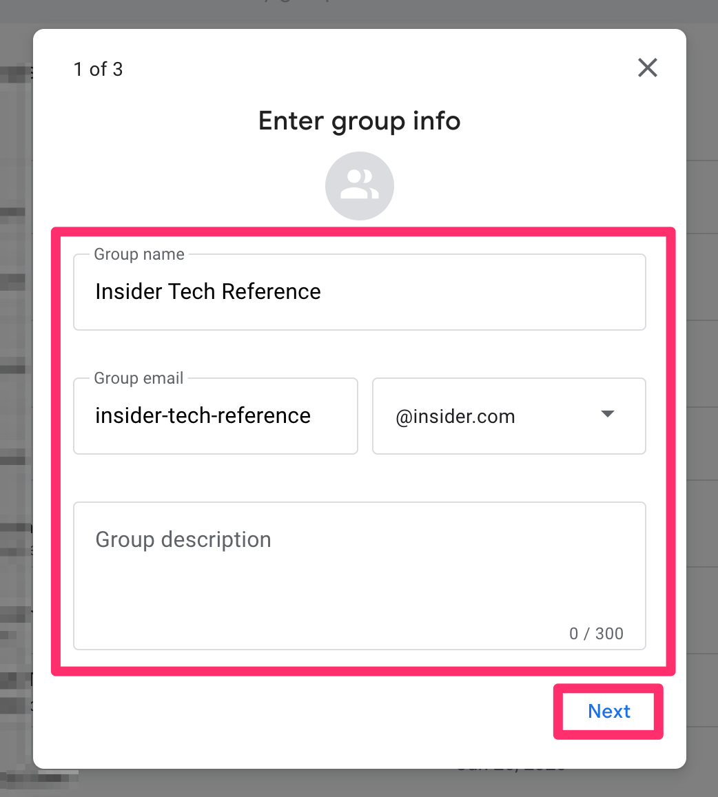 Screenshot of Google Groups "Enter group info" pop-up