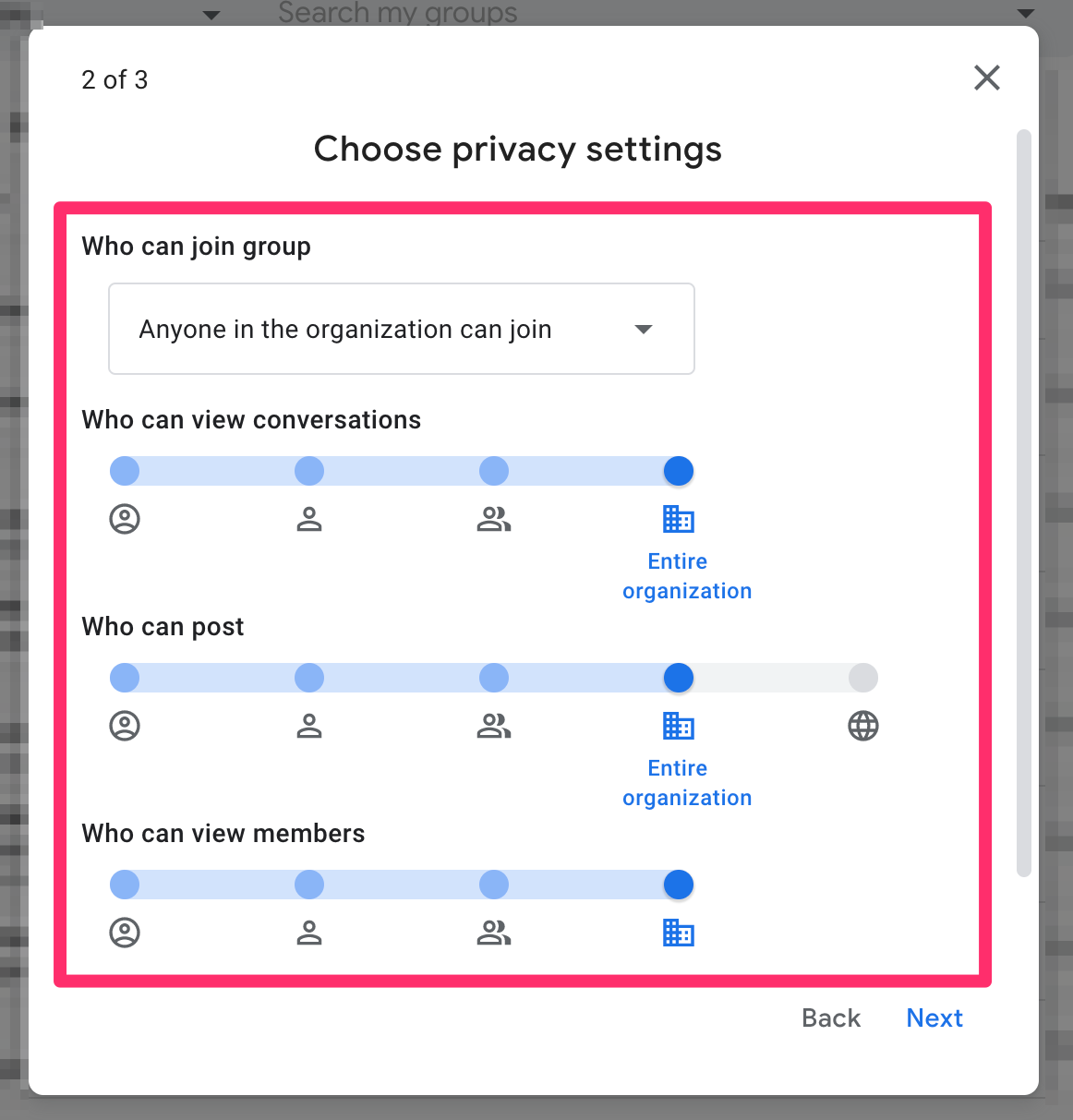 Screenshot of Google Groups "Choose privacy settings" page