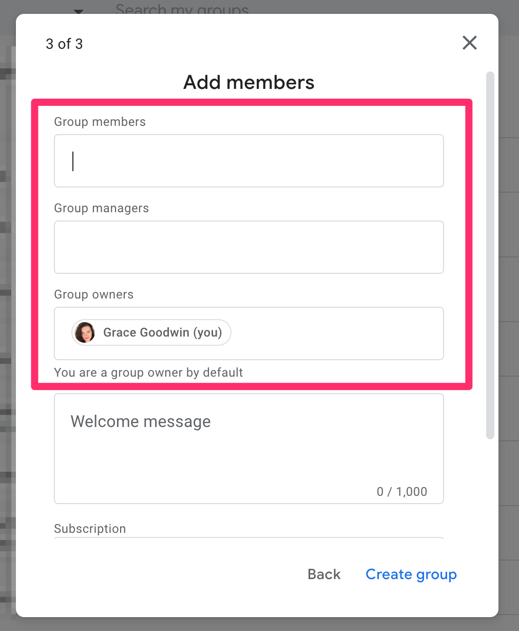 Screenshot of Google Groups "Add members" pop-up page