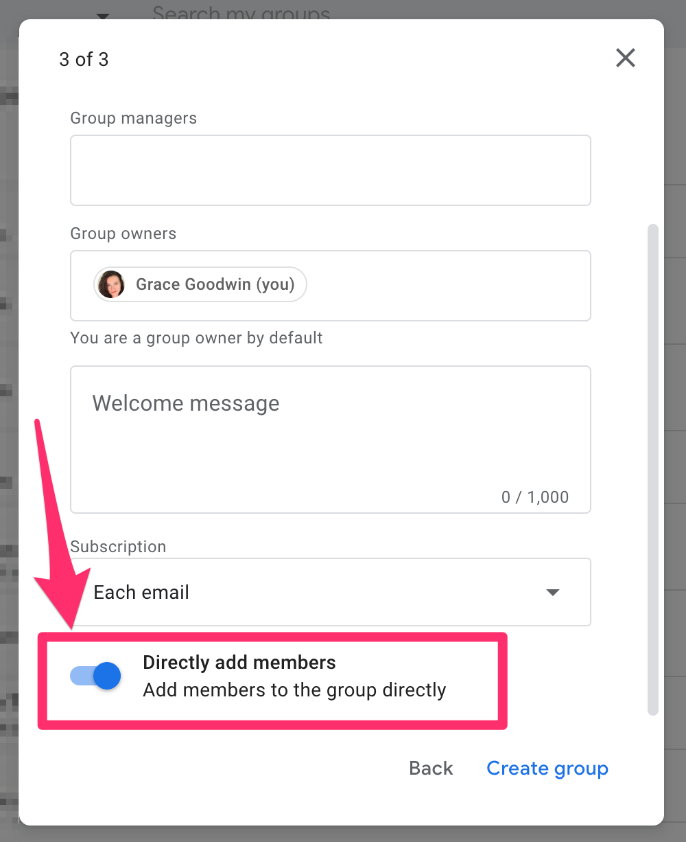 Screenshot of Google Groups "add members directly" toggle button