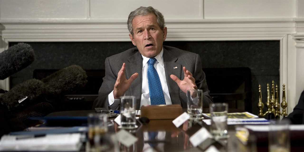 Then-President George W. Bush participates in a video teleconference with Afghanistan Provincial Reconstruction Team Leaders and Brigade Combat Commanders at the White House in Washington, DC, on March 13, 2008.