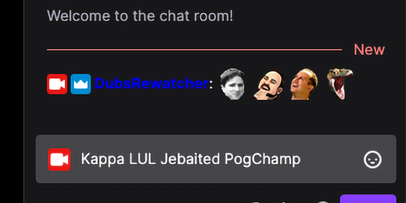 A selection of Twitch emotes: Kappa, LUL, Jebaited, and PogChamp.