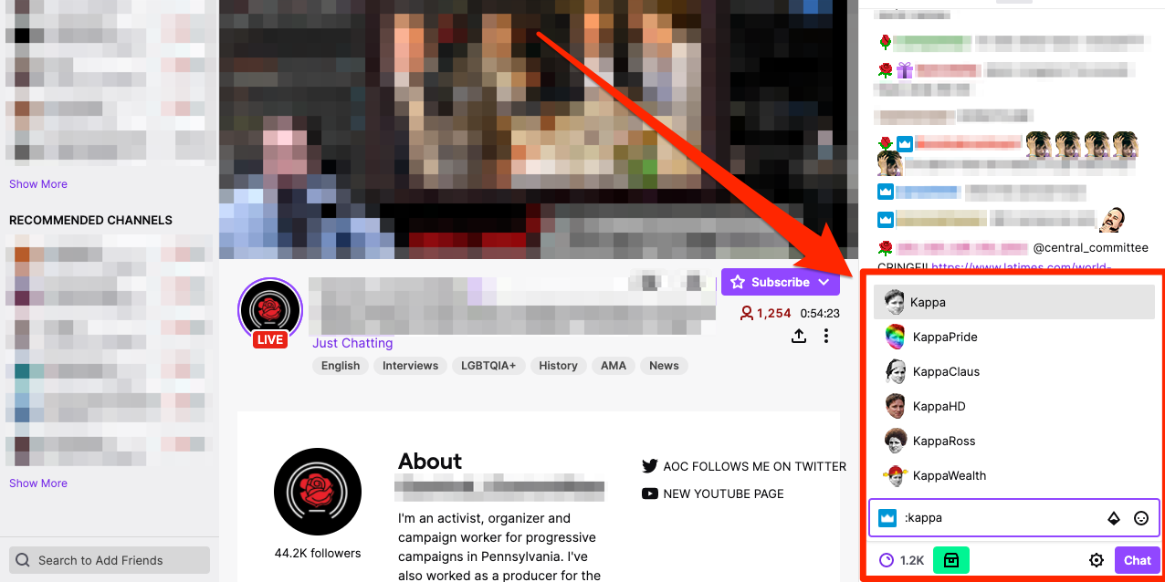 A Twitch channel and chat, with the emote Kappa appearing in the search menu.