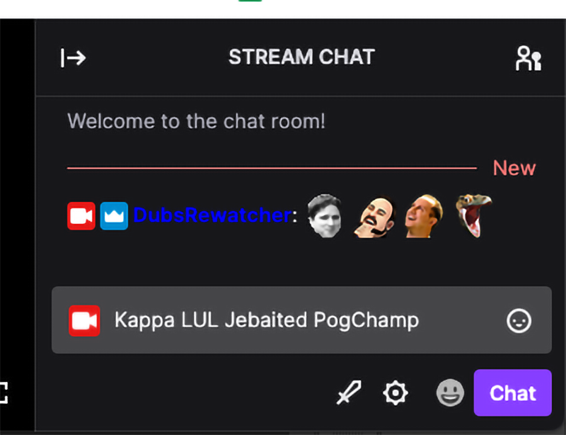 A selection of Twitch emotes: Kappa, LUL, Jebaited, and PogChamp.