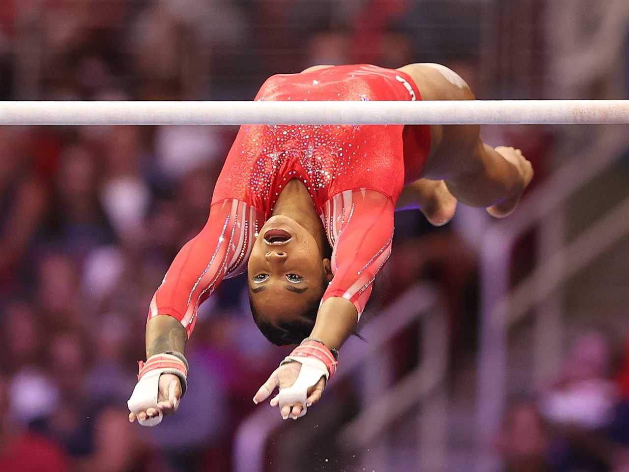 ST LOUIS, MISSOURI - JUNE 27: Jordan Chiles competes on the uneven bars during the Women's competition of the 2021 U.S. Gymnastics Olympic Trials at America’s Center on June 27, 2021 in St Louis, Missouri. (Photo by Carmen Mandato/Getty Images)