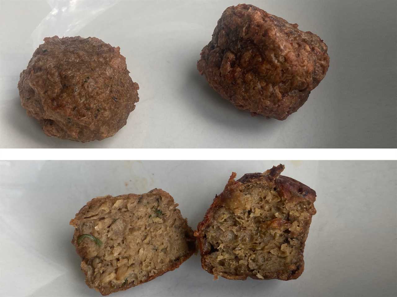 Two pictures of meatballs in a white bowl. In the bottom picture the meatballs are cut in half