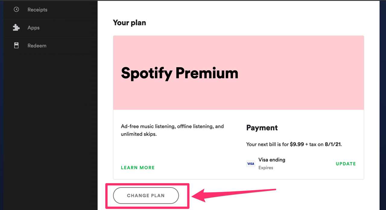 Screenshot of Spotify website "Change Plan" section