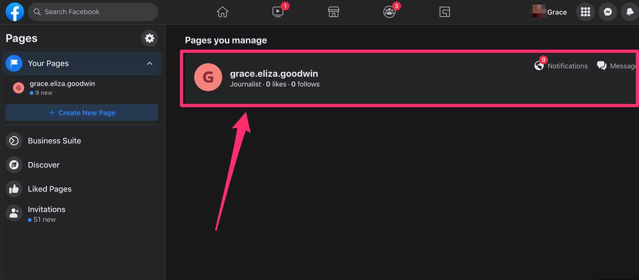 Screenshot of Facebook website Pages screen