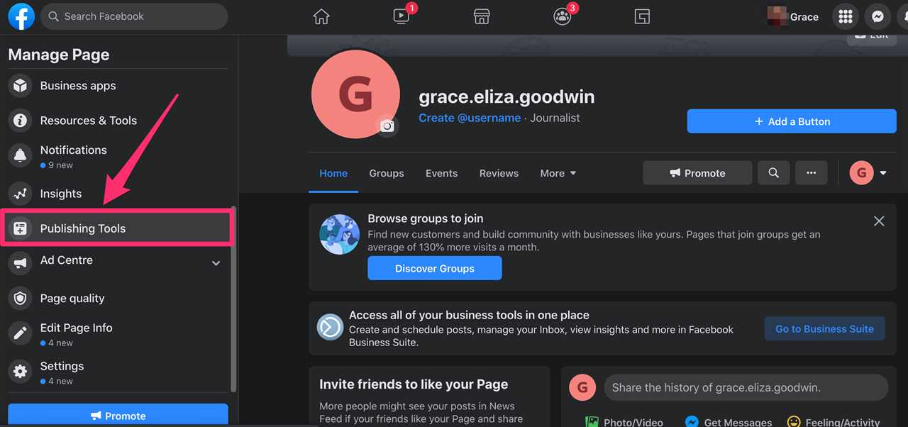 Screenshot of Page you manage on Facebook website