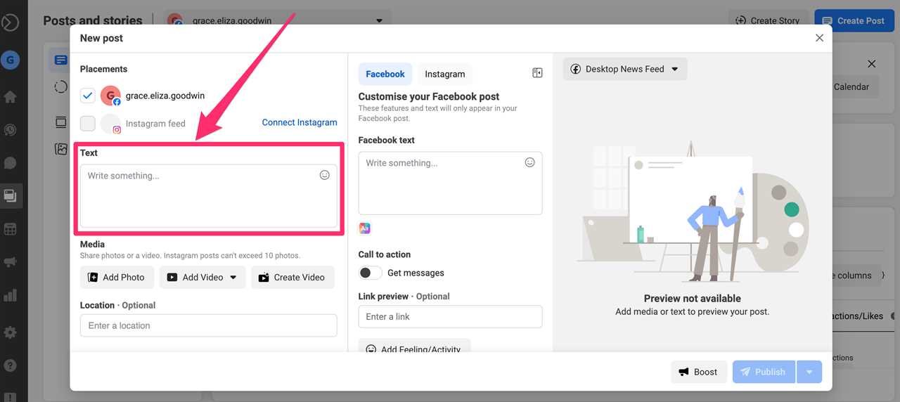Screenshot of Facebook Business Suite "Create Post" window