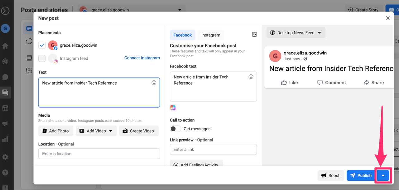 Screenshot of Facebook Business Suite "Create Post" window schedule button