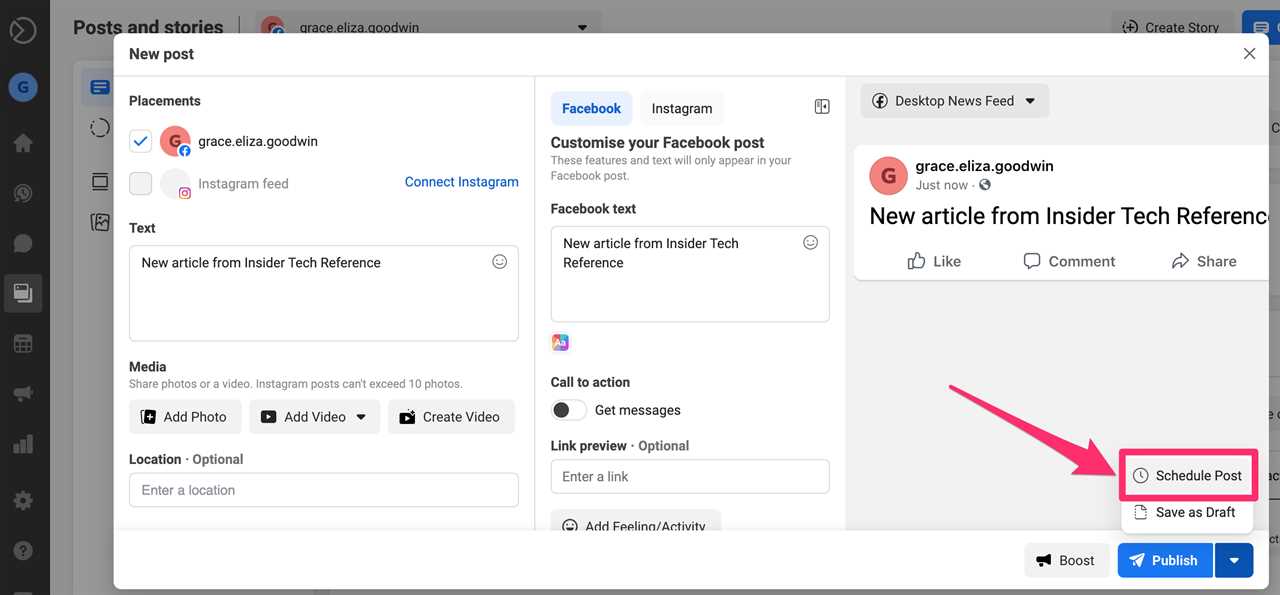 Screenshot of Facebook Business Suite "Schedule Post" pop-up