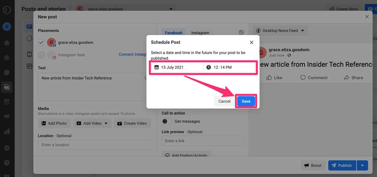 Screenshot of Facebook Business Suite pop-up to select a time