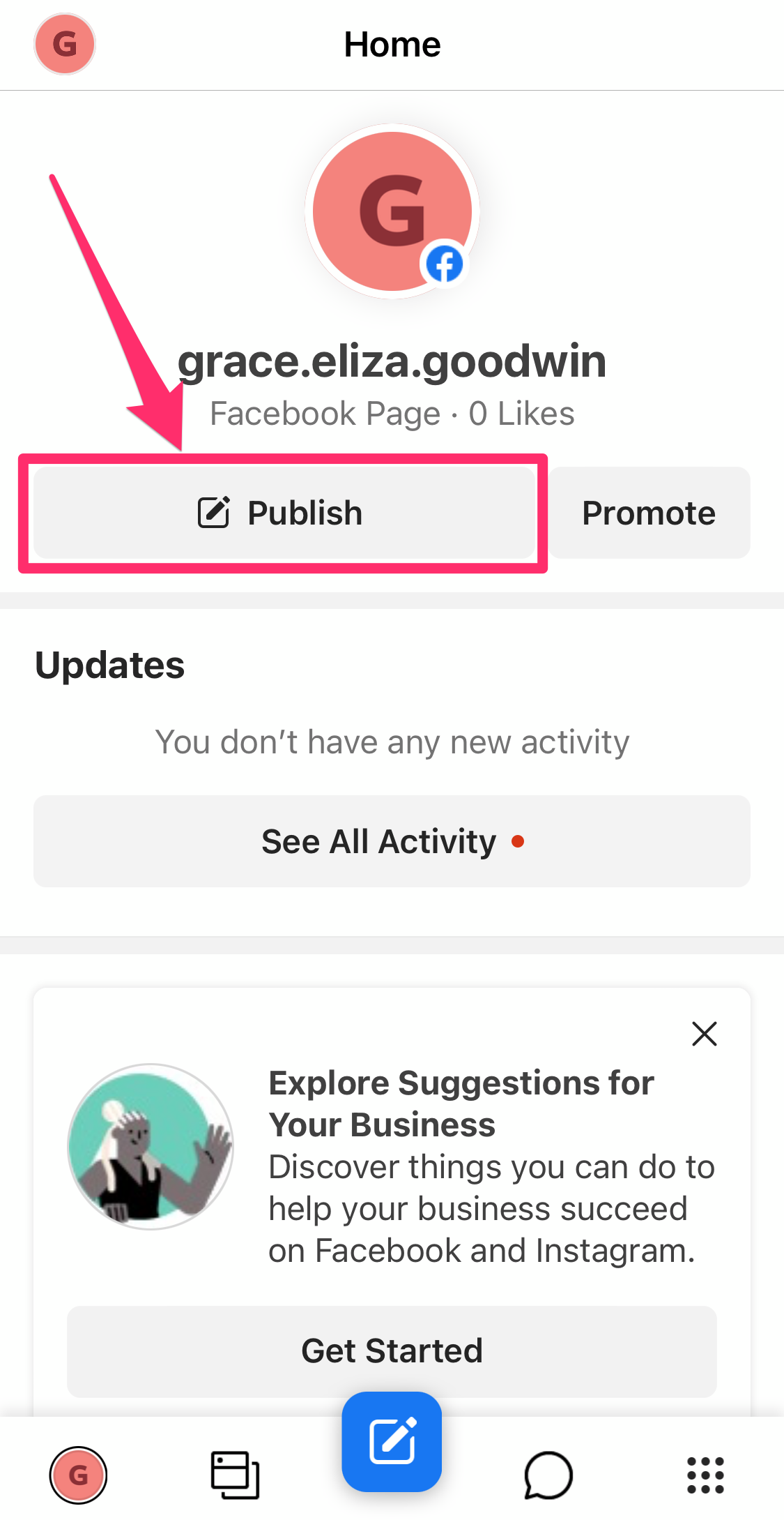 Screenshot of Facebook Business Suite app Home tab