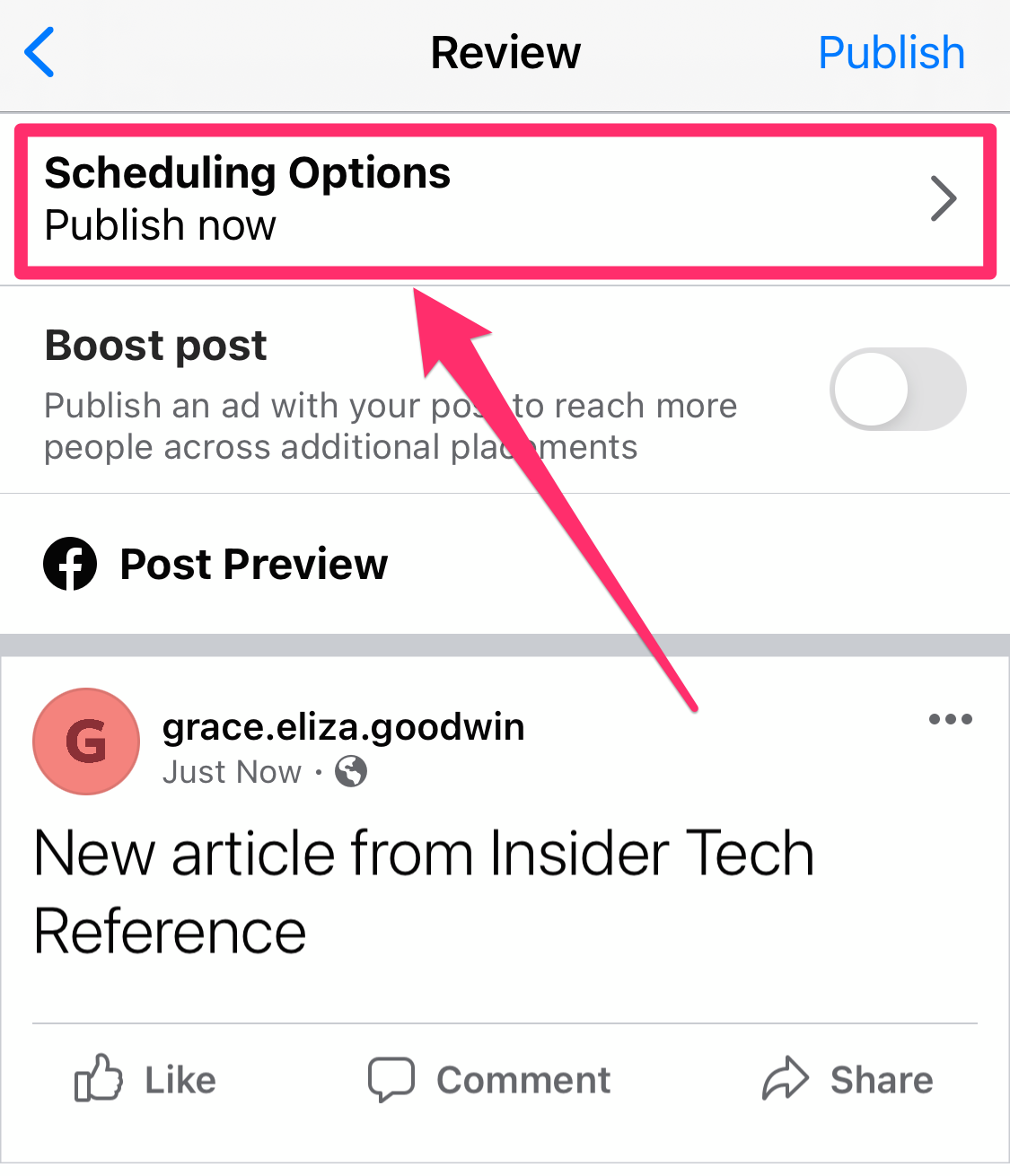 Screenshot of "Review post" page on Facebook Business Suite mobile app