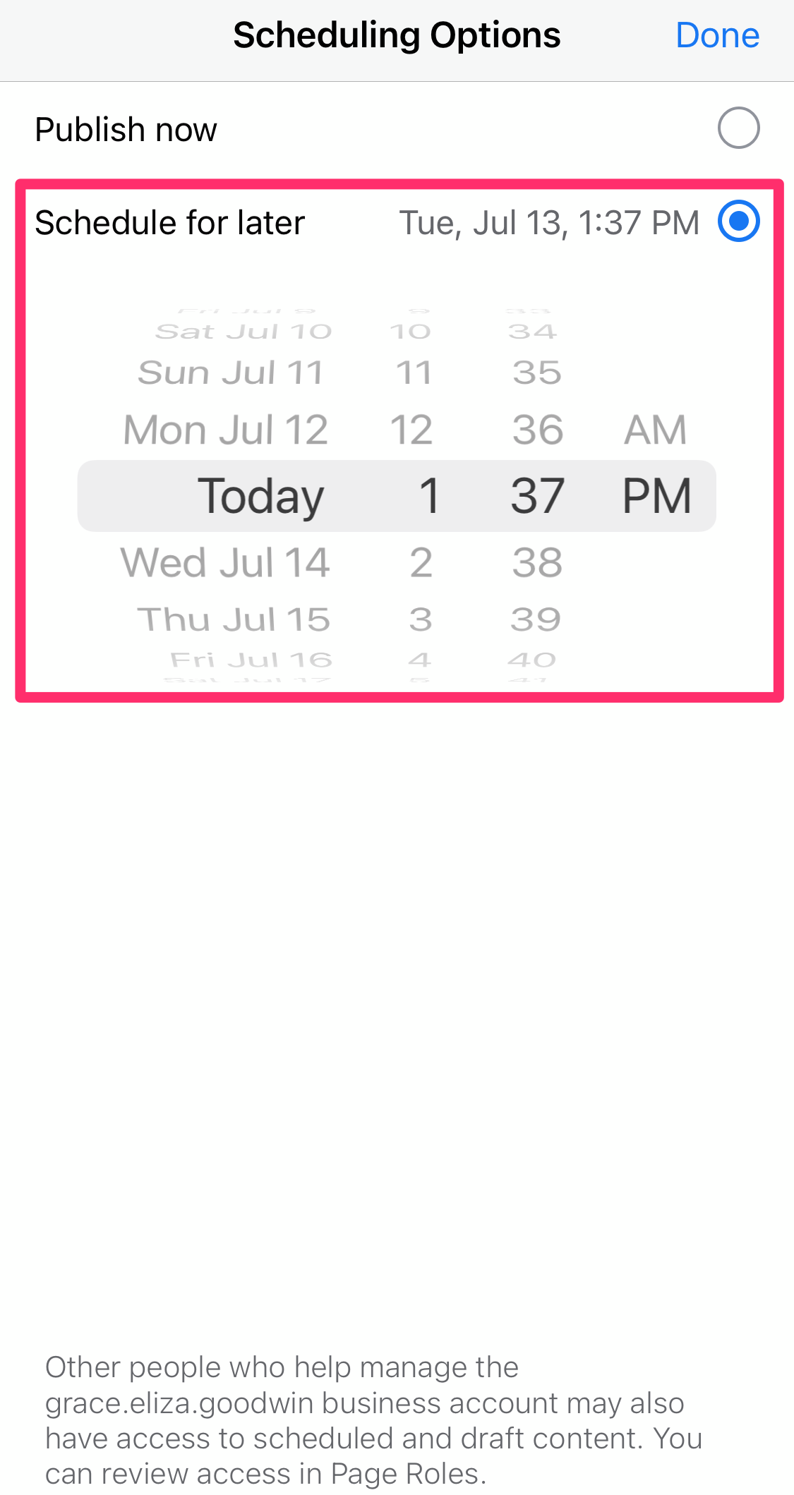 Screenshot of Scheduling Options page on Facebook Business Suite mobile app
