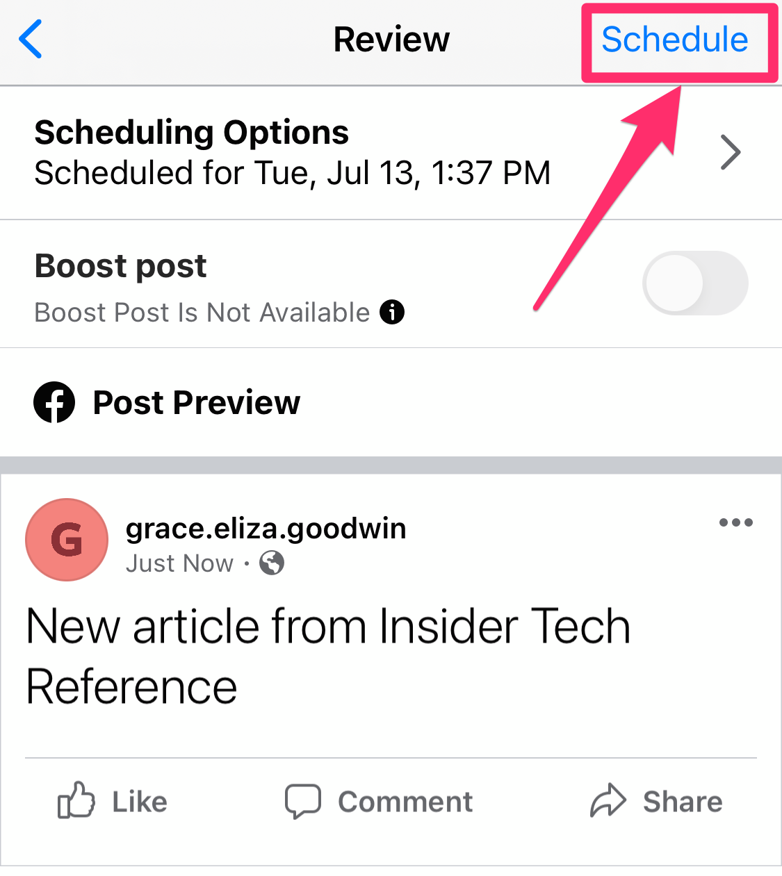 Screenshot of new post Review page on Facebook Business Suite mobile app