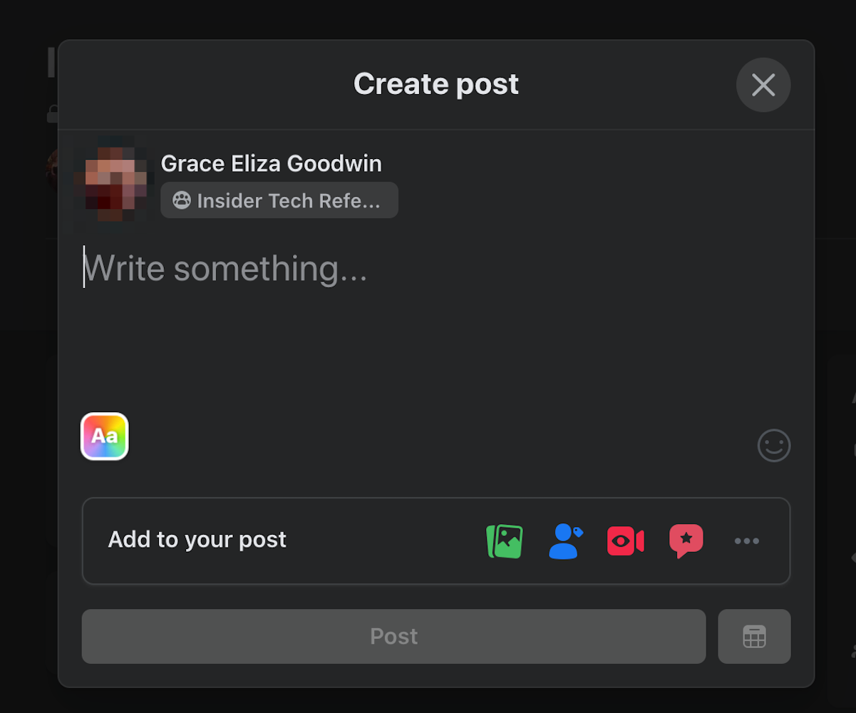 Screenshot of "Create Post" window on Facebook website