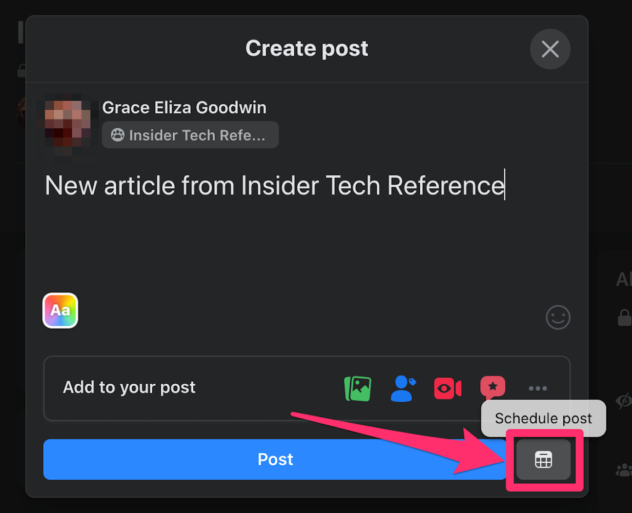 Screenshot of "Create post" calendar icon on Facebook website
