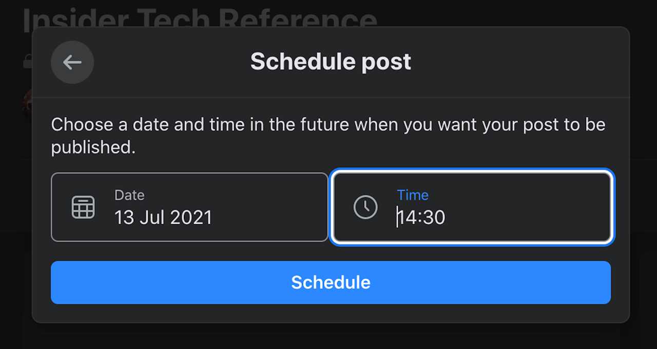 Screenshot of "Schedule post" time selection window on Facebook website