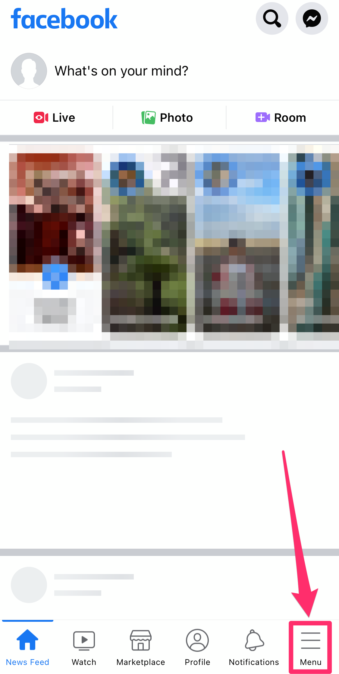 Screenshot of Facebook mobile app homepage
