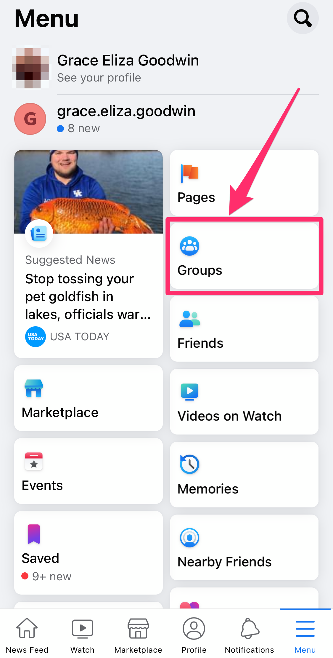 Screenshot of Menu page on Facebook mobile app