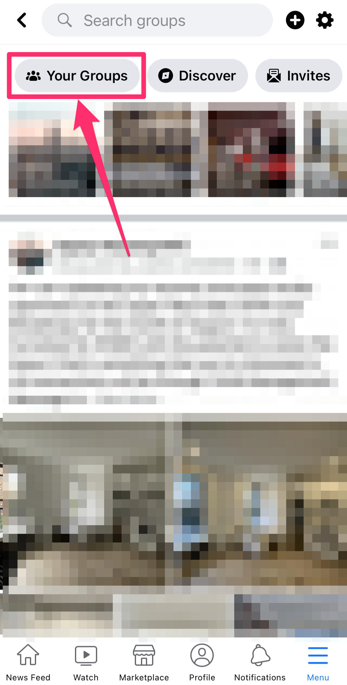 Screenshot of Groups homepage on Facebook mobile app