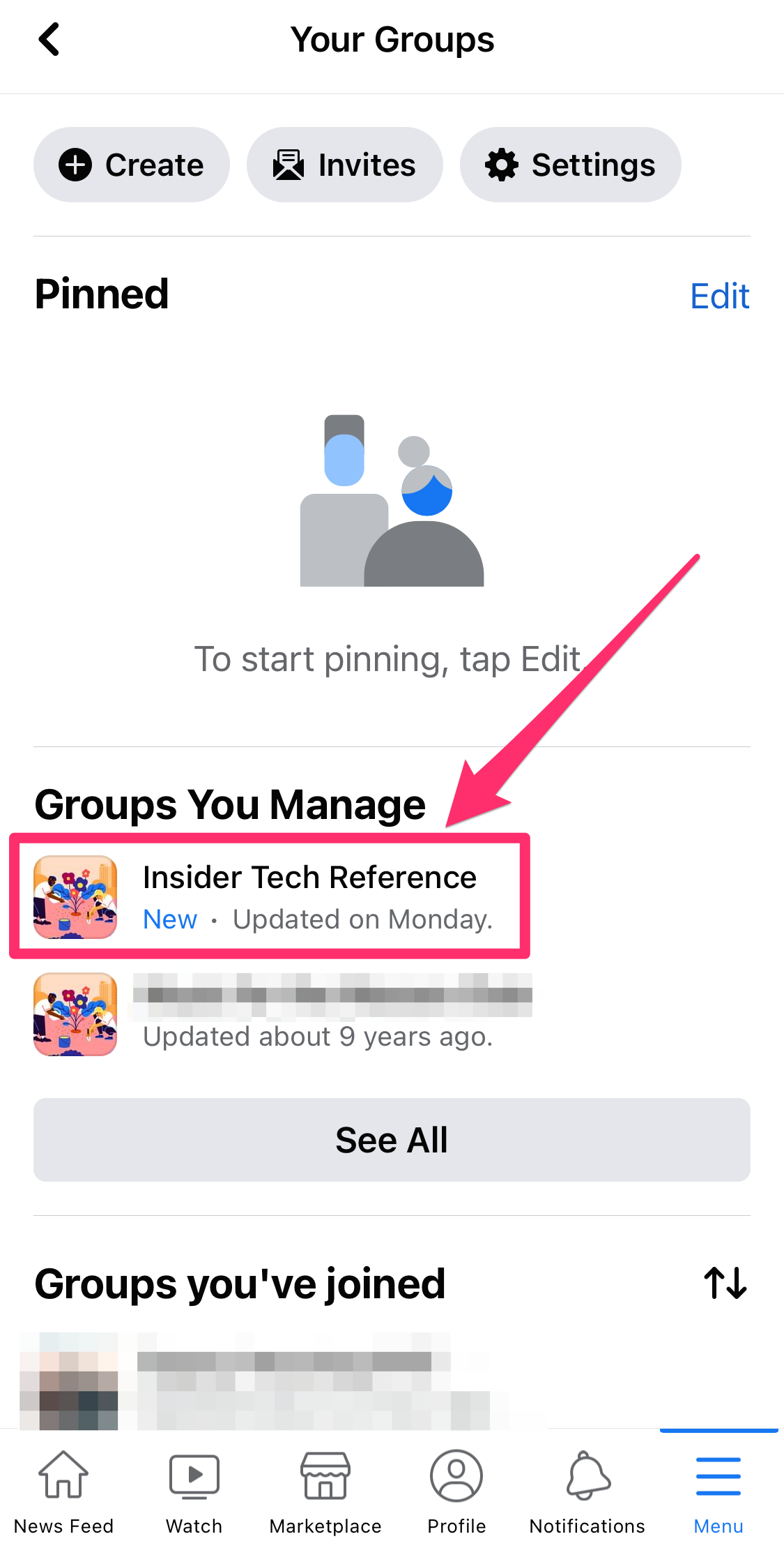 Screenshot of "Your Groups" page on Facebook mobile app