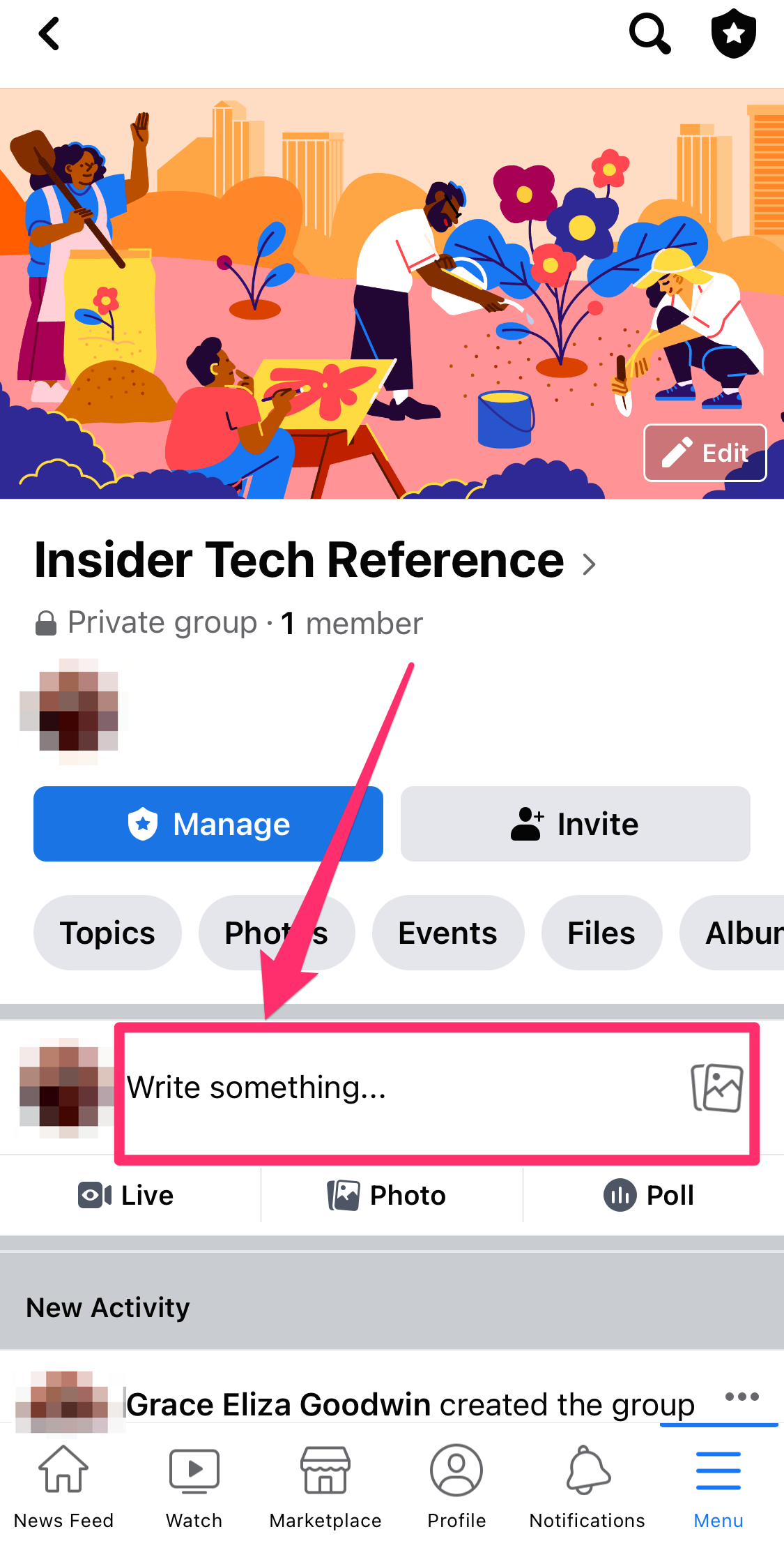 Screenshot of Facebook Group page on the mobile app