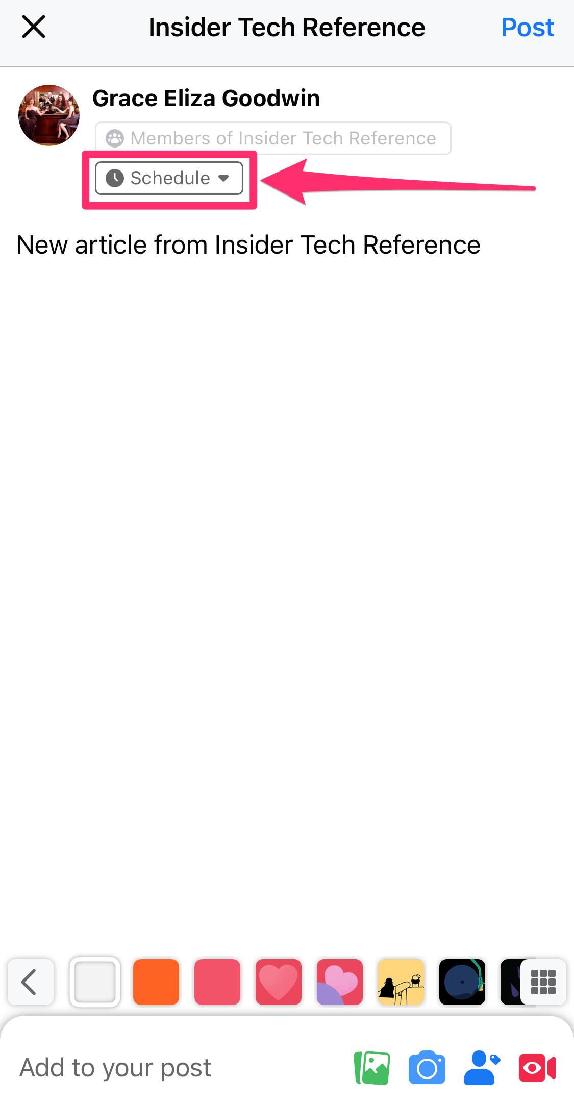 Screenshot of new post "schedule" button on Facebook mobile app