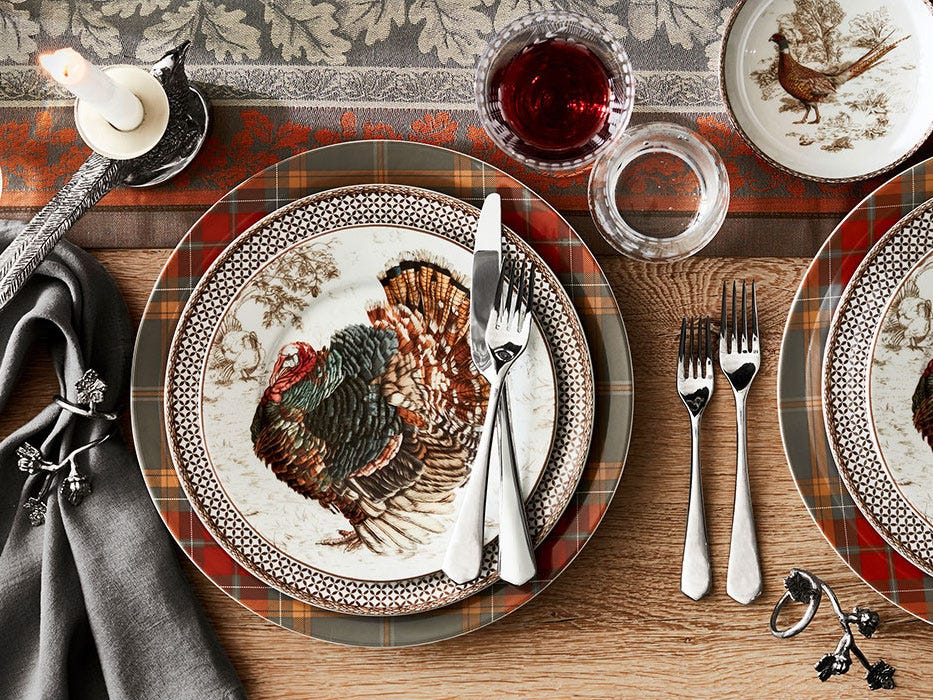 Image of Williams Sonoma plates with turkeys on them on a table best fall decor 2021