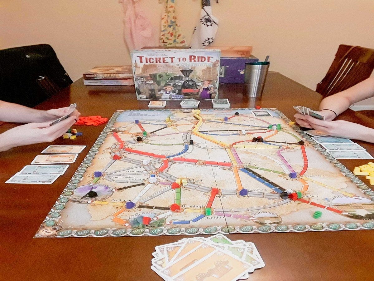 A photo of the Ticket to Ride game board