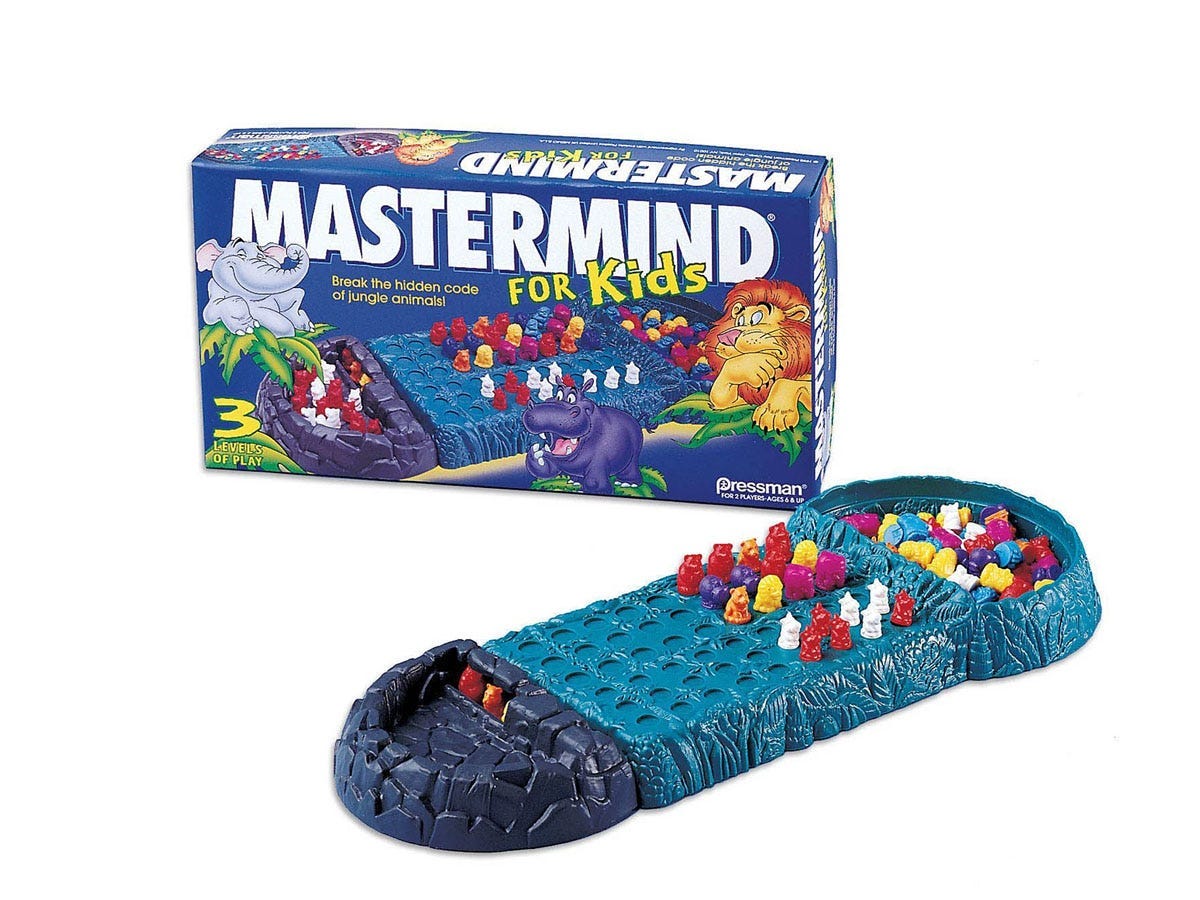 An image of the board game Mastermind for Kids, which features colorful miniature hippos