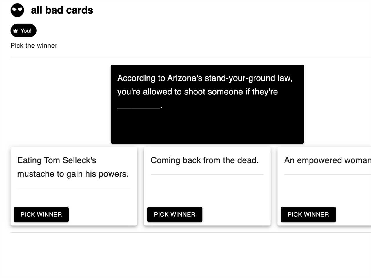 All Bad Cards pick a winner
