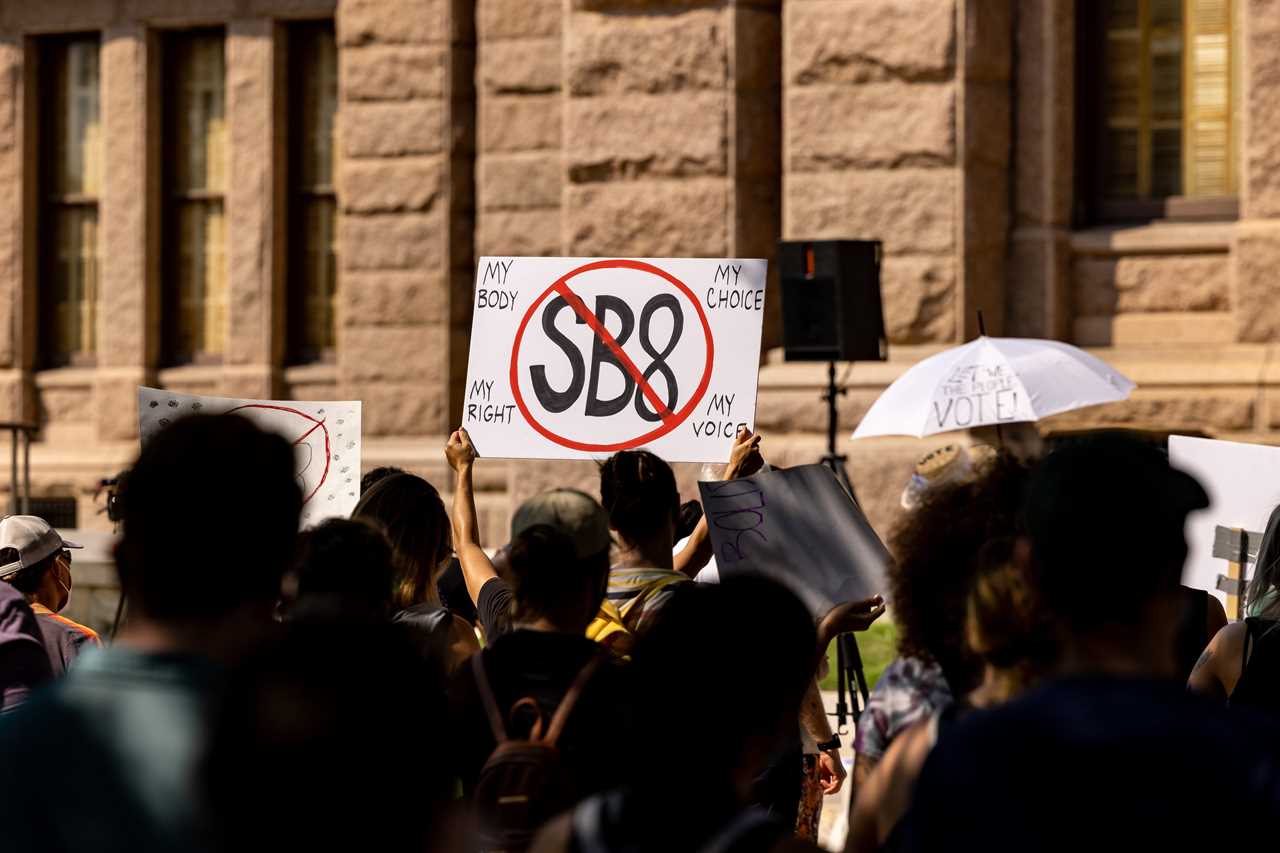 Abortion rights activists rally at the Texas State Capitol against SB 8, which prohibits abortions in Texas after a fetal heartbeat is detected on an ultrasound, on September 11, 2021 in Austin, Texas.