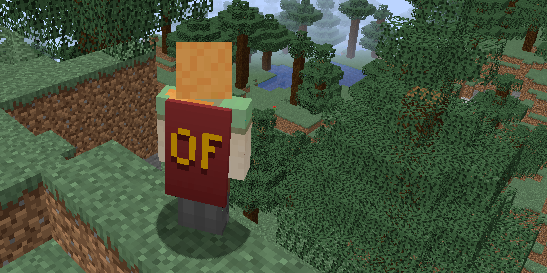 The Minecraft character Alex wearing the default Optifine cape.