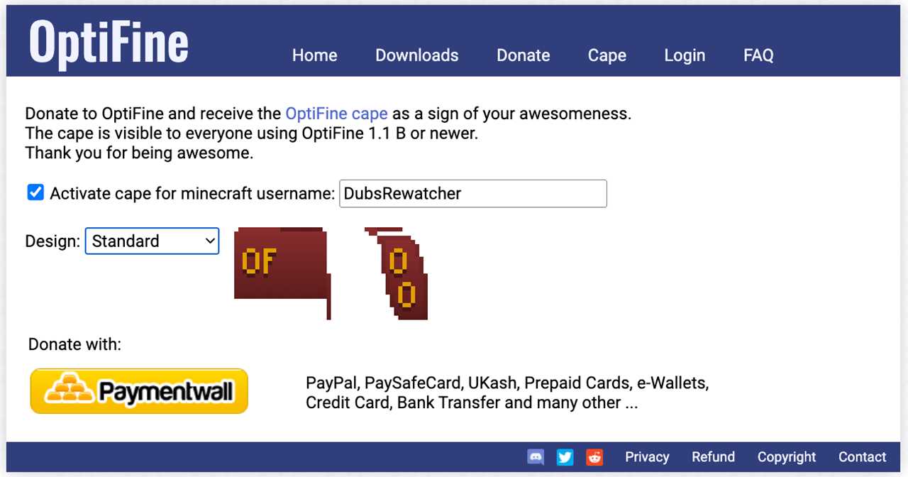 The OptiFine website's donation page.