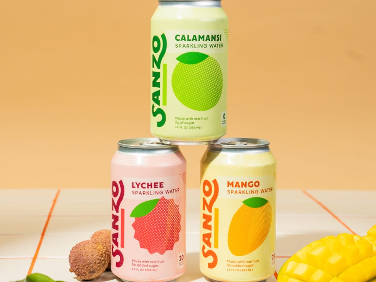 Sanzo Sparkling Water in flavors Lychee, Mango, and Calamansi