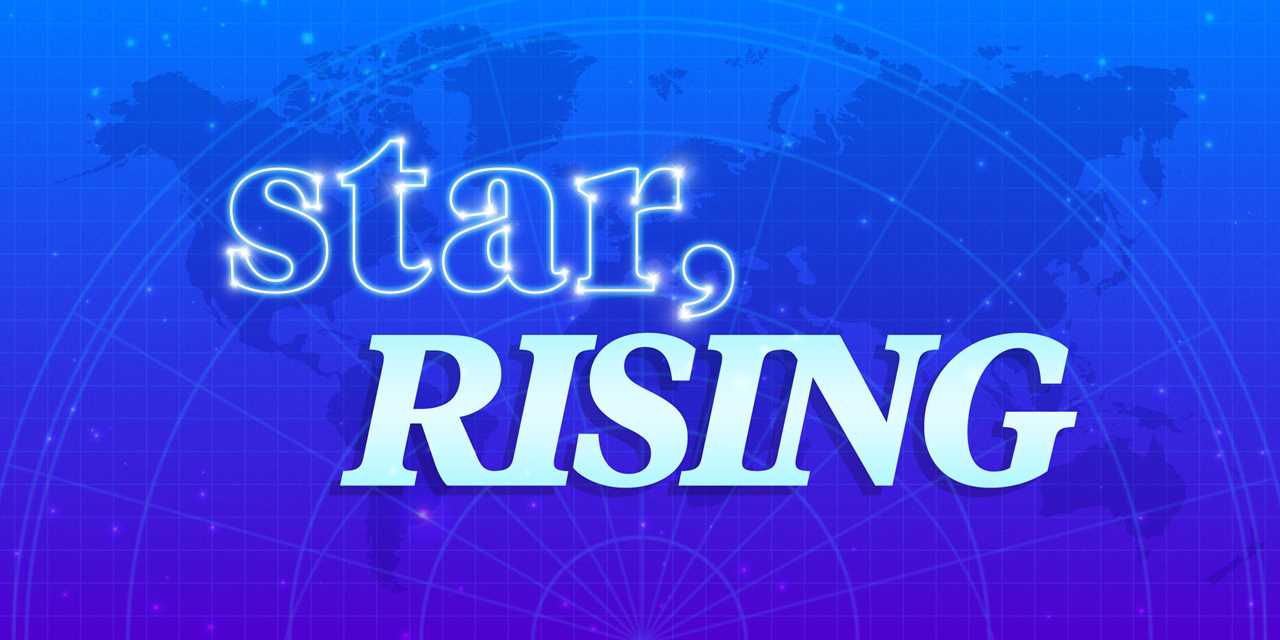 "Star, Rising" with the world map behind it on a blue background with faint glowing stars scattered around.
