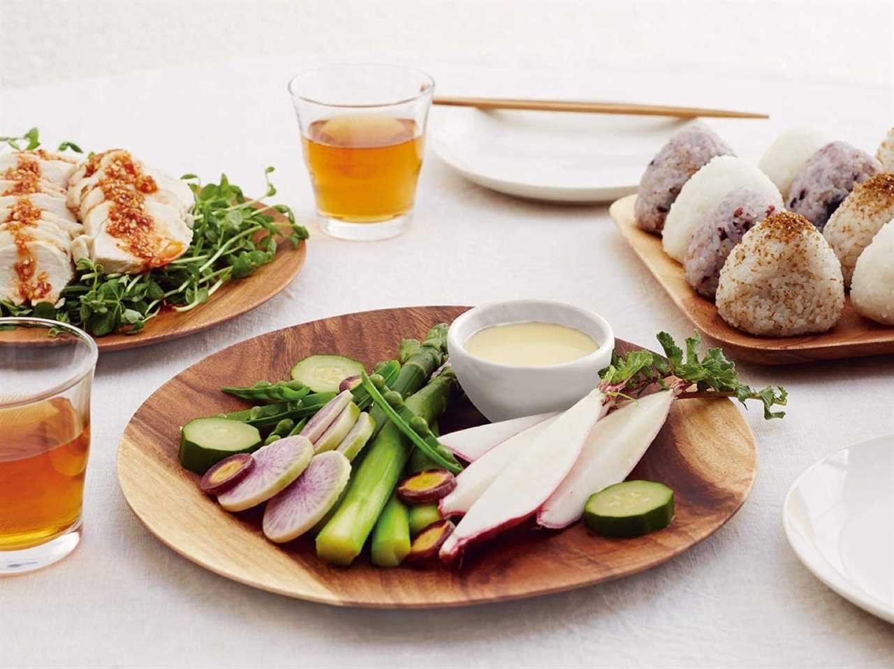 The Muji Acacia bowls used to serve a large dinner