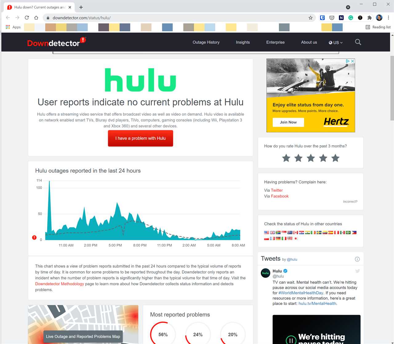hulu-not-working1.png:  Downdetector’s Hulu page in a web browser.