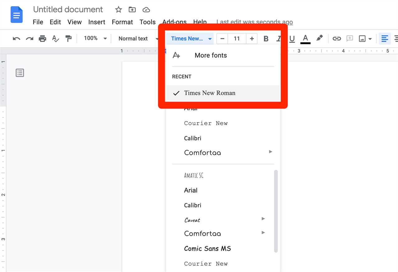 The font menu in Google Docs.