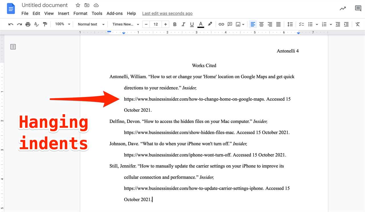 An MLA works cited page in Google Docs.