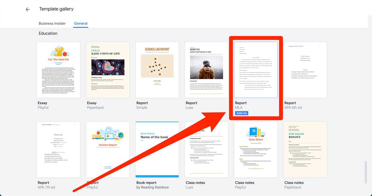 The MLA Add-on template in Google Docs.
