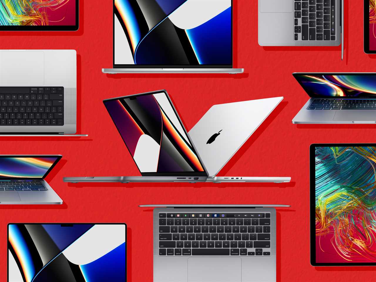 Collage of MacBook Pro (2021) on red background