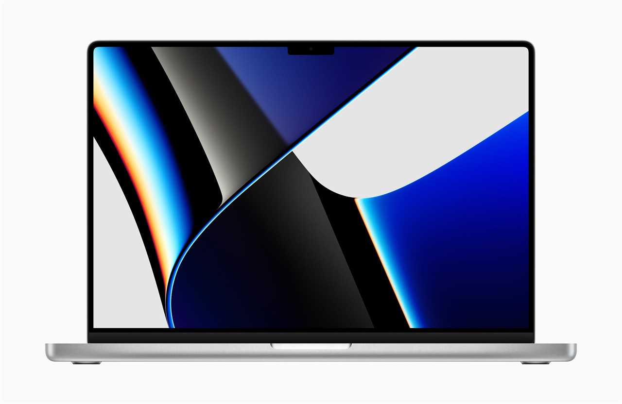 Apple's 2021 MacBook Pro with blue, white, and black geometric screen displayed