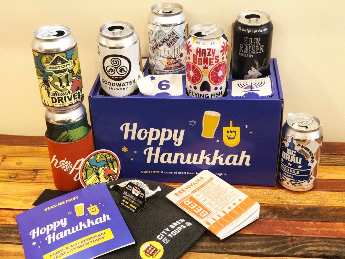 Image of box Hoppy Hanukkah beer box surrounded by other merchandise for best advent calendars 2021