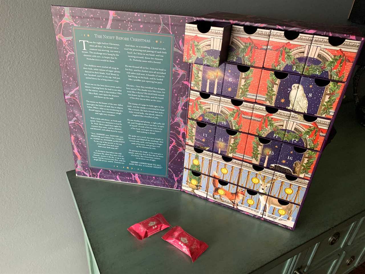 Image of wrapped chocolate in front of Vosges chocolate advent calendar for best advent calendars 2021