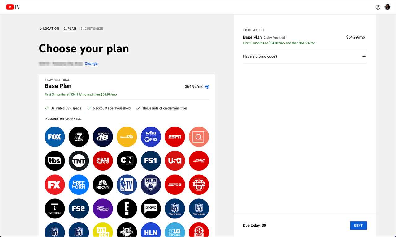 Screenshot of the YouTube TV signup page