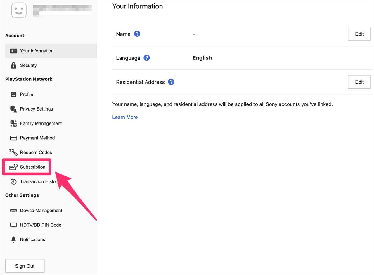 Screenshot of a Sony Account Management page